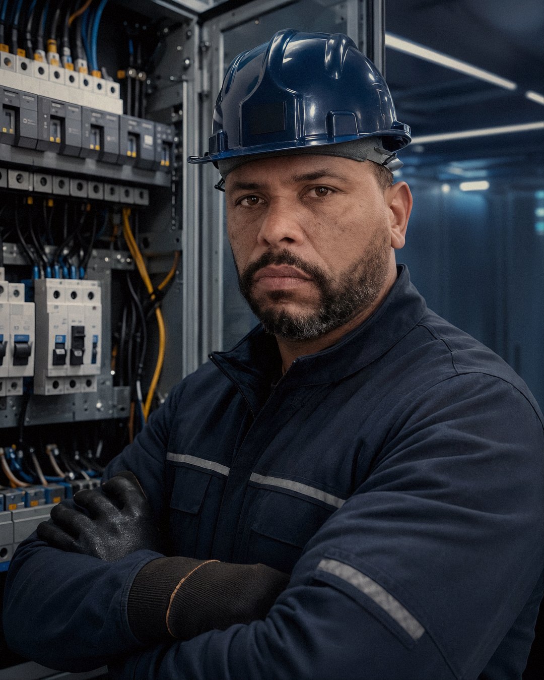Leandro Moncada, responsável técnico da MCD Soluções Elétricas, com EPI diante de um painel elétrico