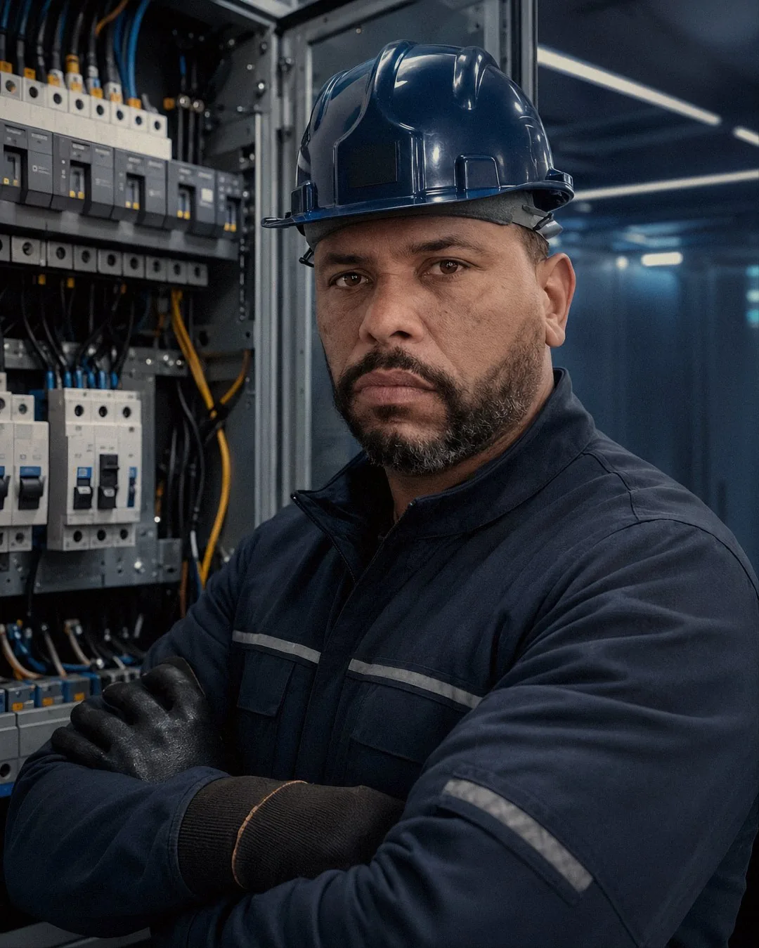 Leandro Moncada, responsável técnico da MCD Soluções Elétricas, com EPI diante de um painel elétrico